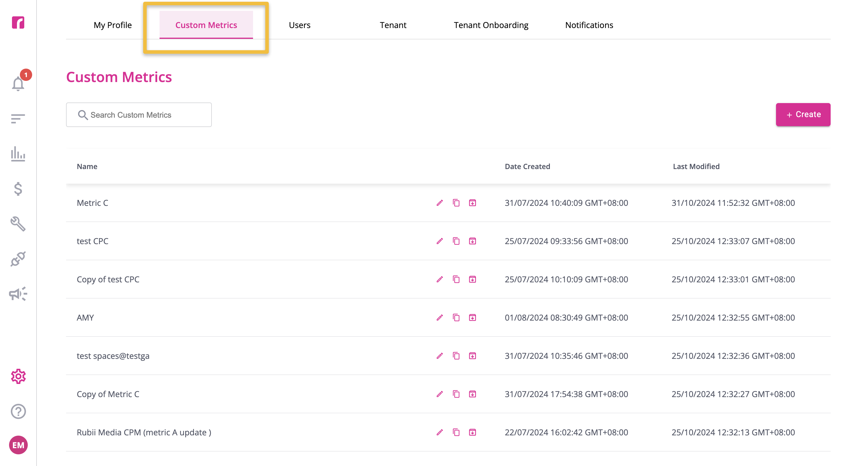 Custom Metrics Section