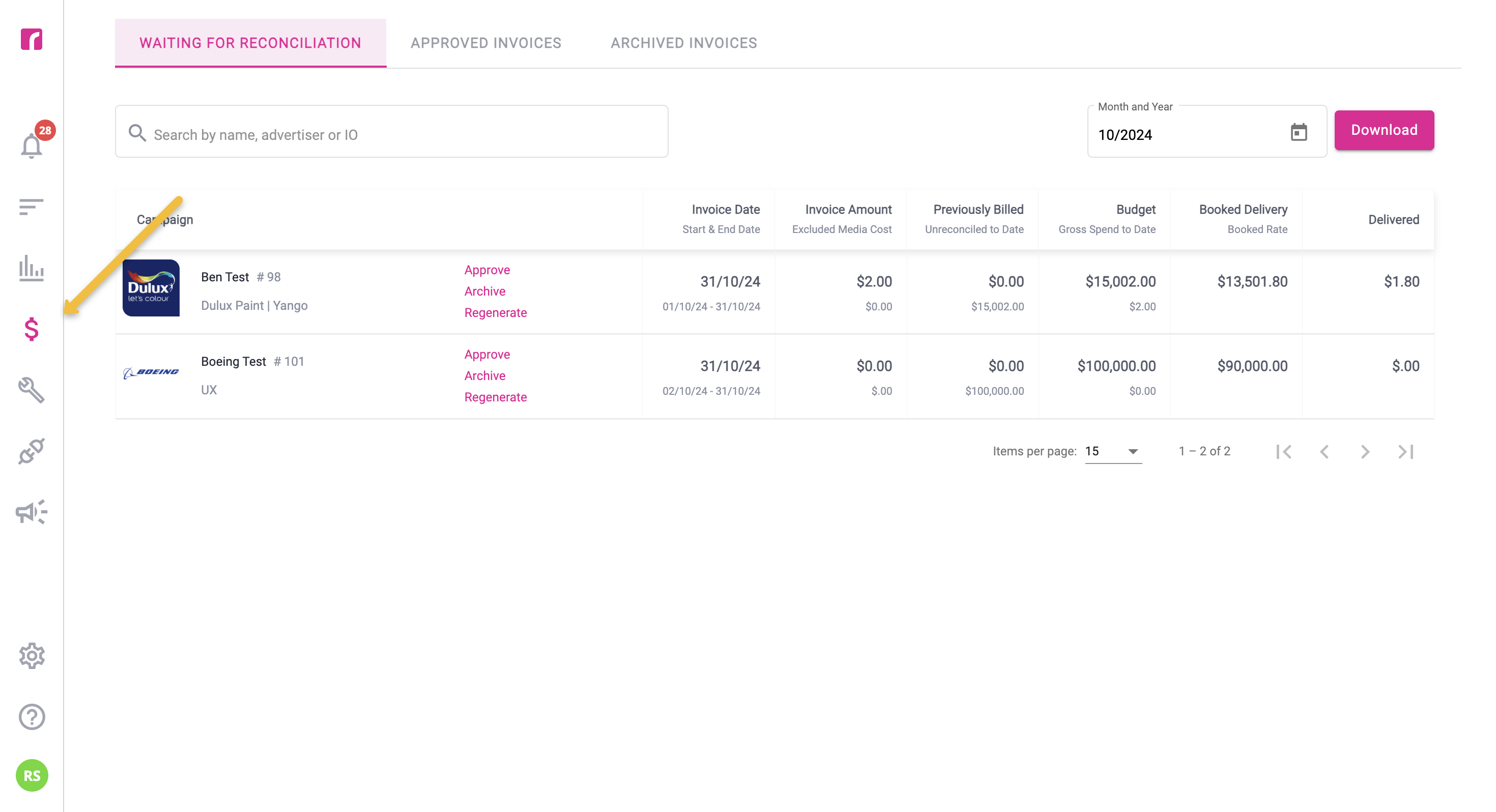Access Invoice Section